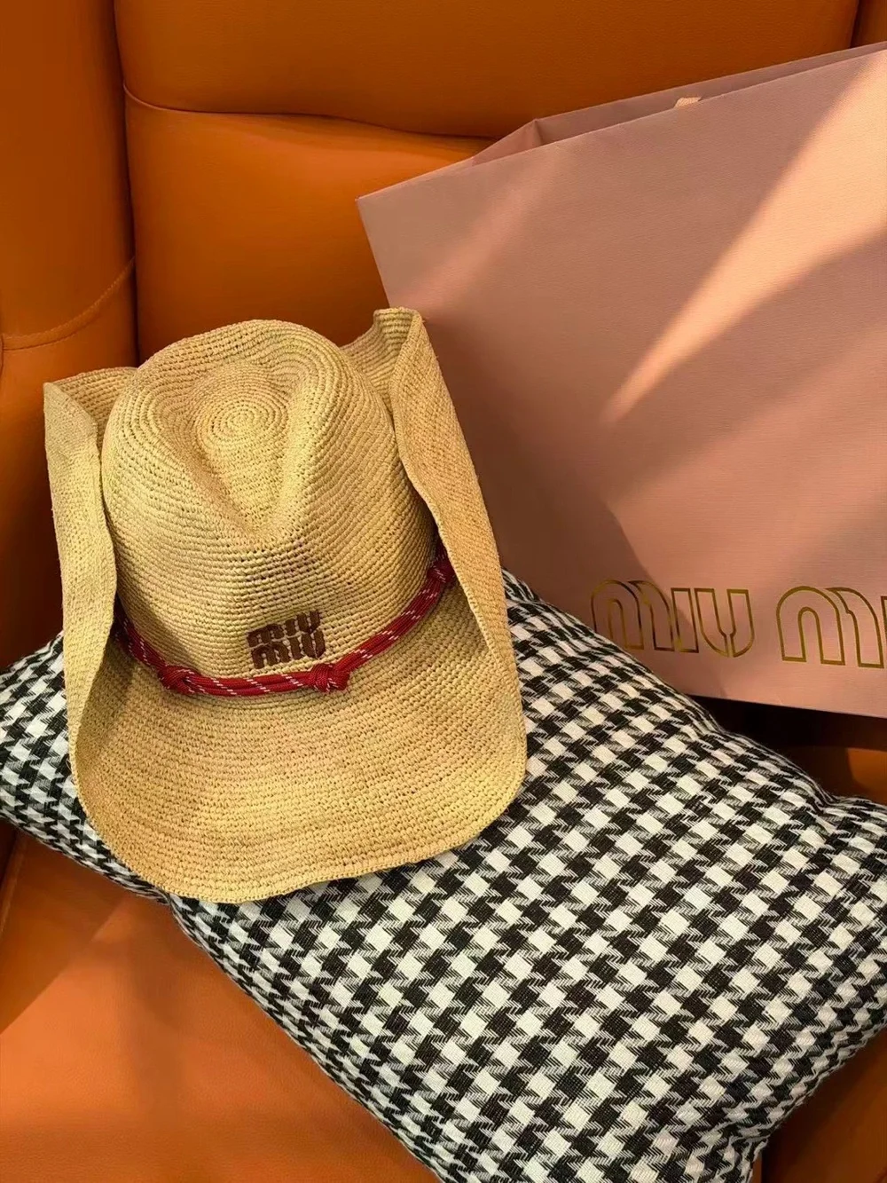 Miu Miu Natural Straw Cowboy Hat with Red Band